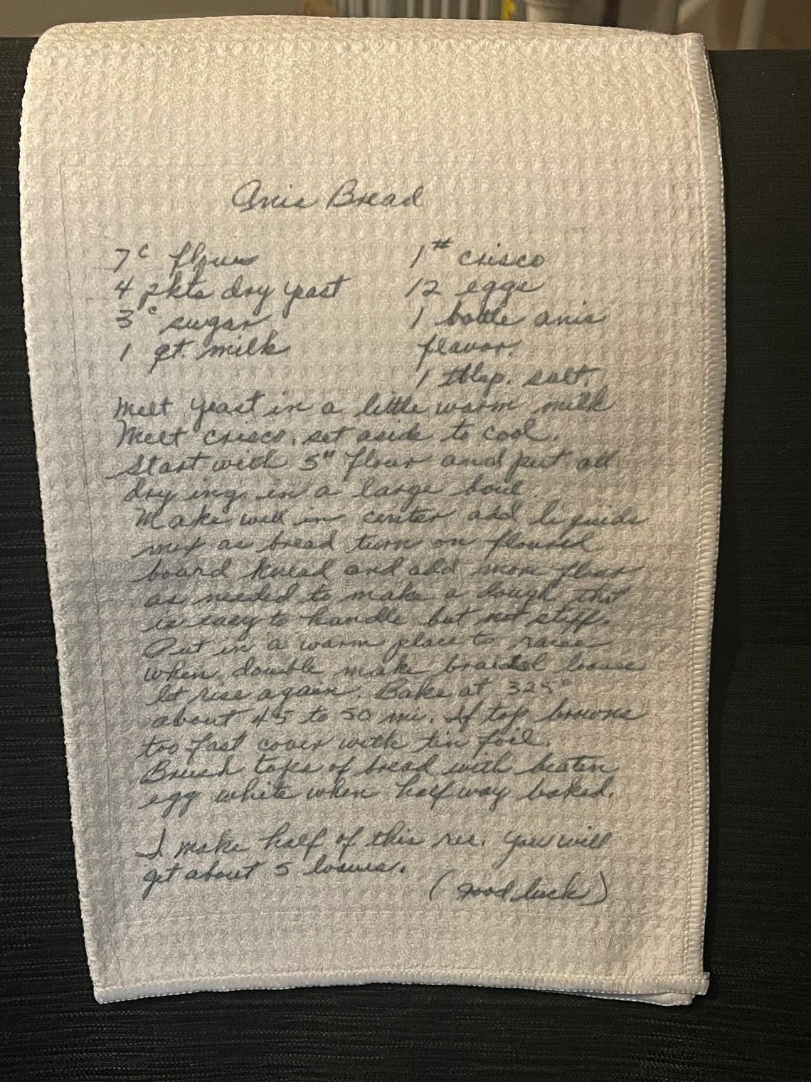 Your Handwritten Recipe or note on a Tea Towel