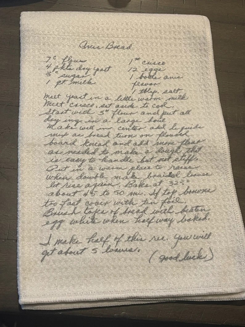 Your Handwritten Recipe or note on a Tea Towel