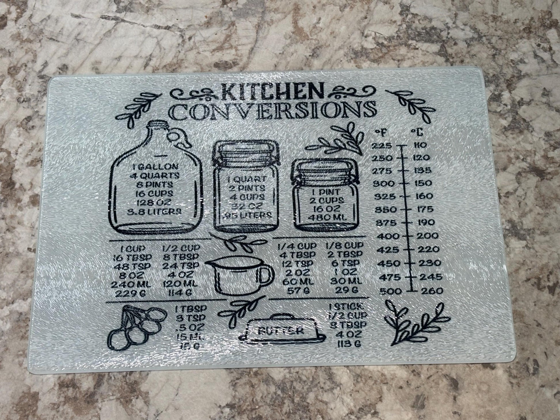 Glass Cutting Board with Kitchen Conversion Chart