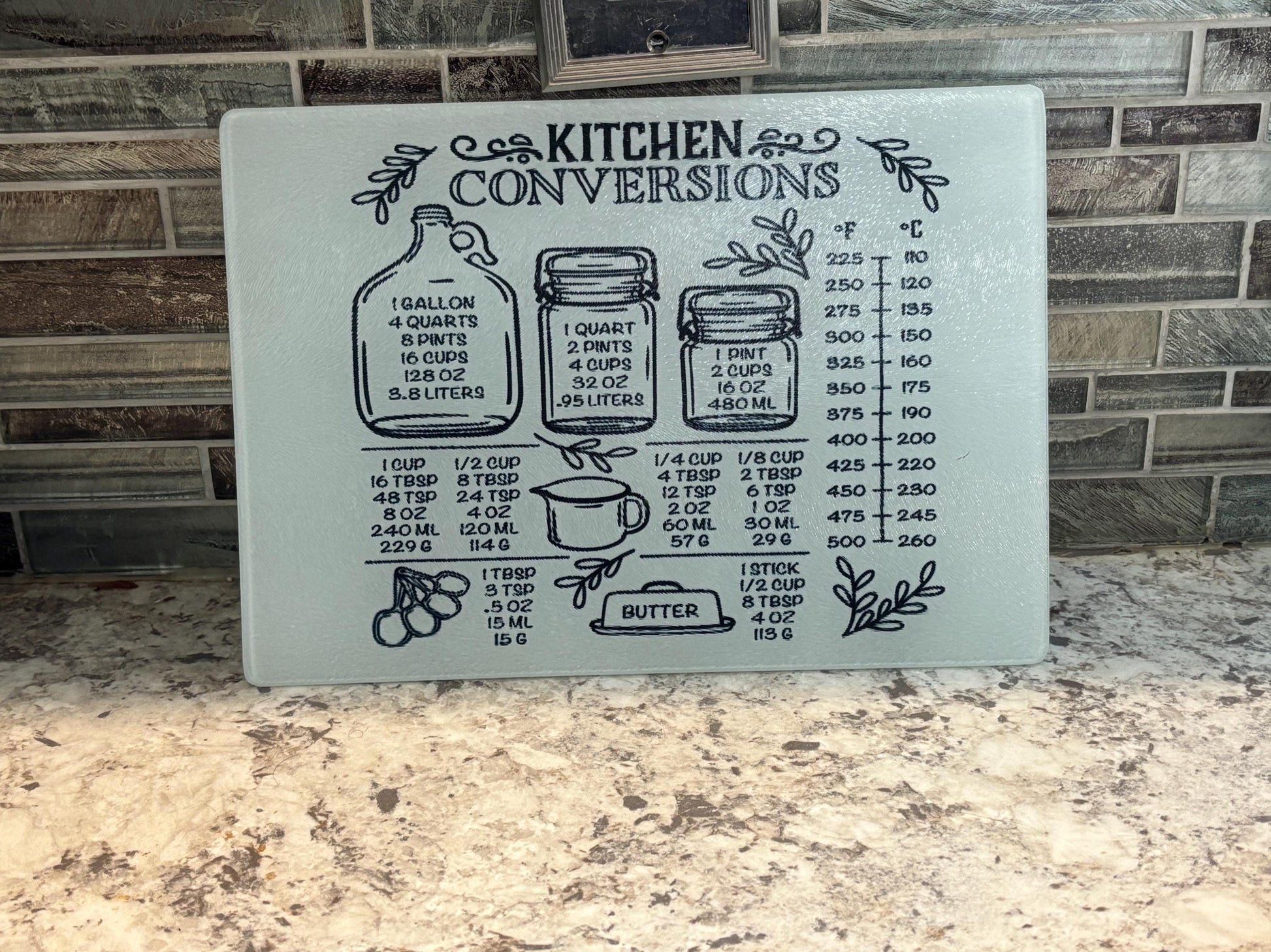 Glass Cutting Board with Kitchen Conversion Chart